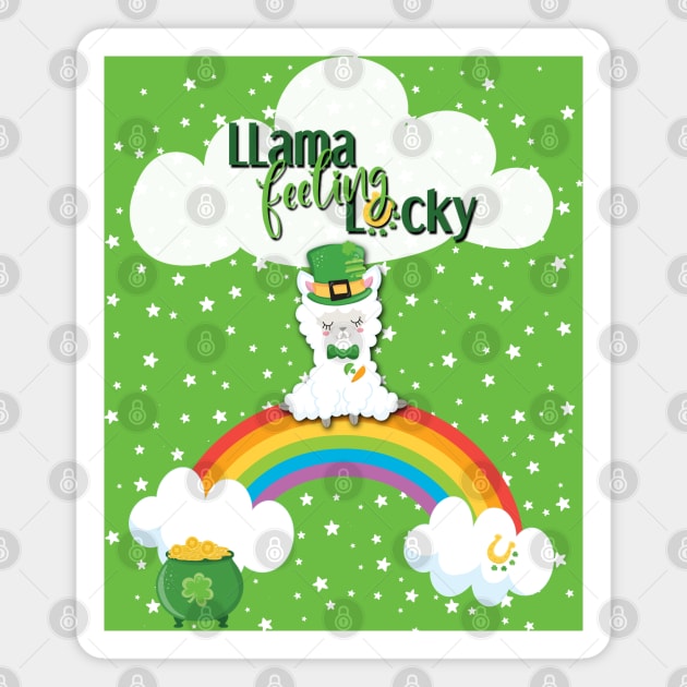 St. Patrick's Day Llama Feeling Lucky , Rainbow, Clouds & Stars on Green Magnet by karenmcfarland13